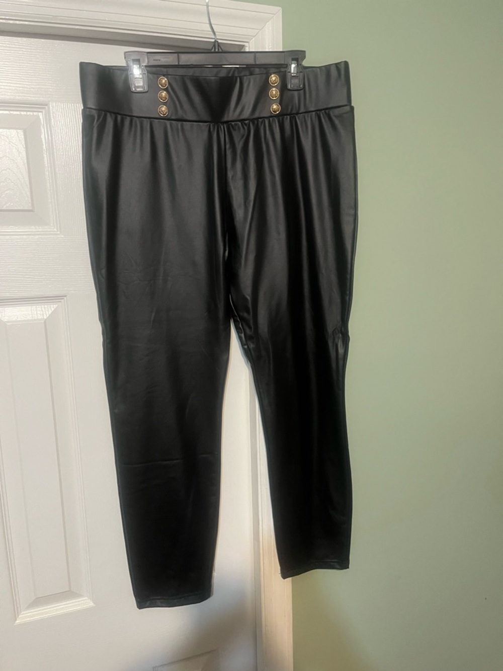 High-Rise Black Faux Leather Straight Leg Pants with Gold Button Detail